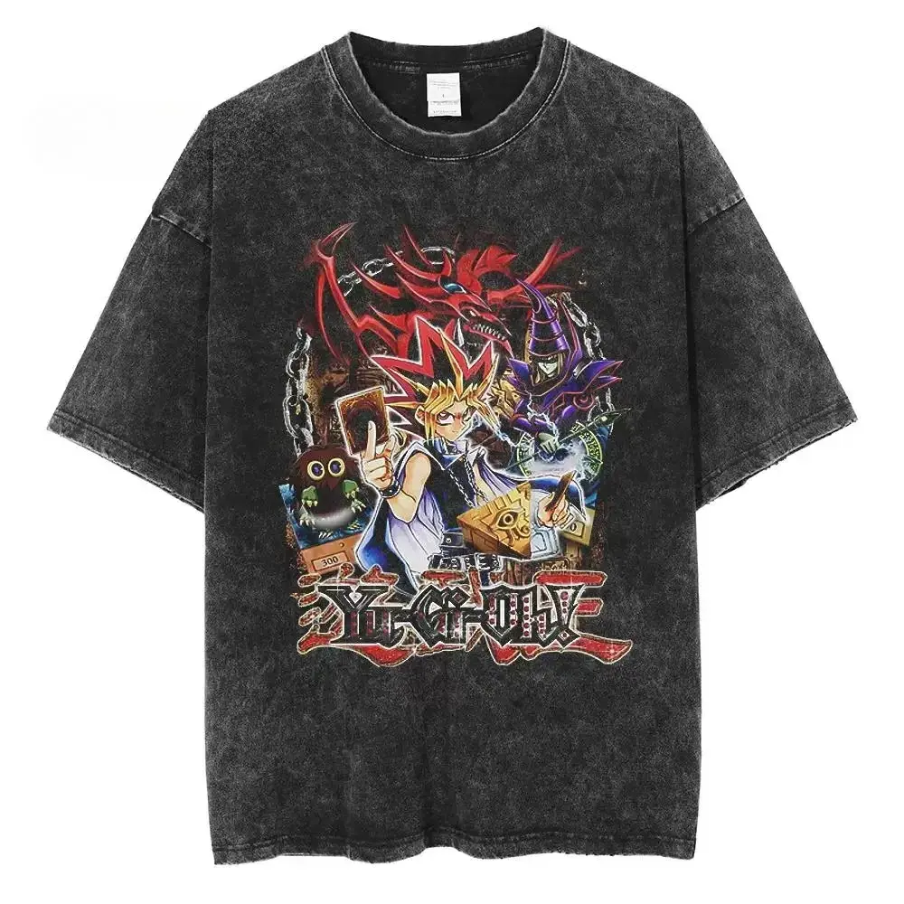Yu-Gi-Oh Shirt, Yugi Muto Slifer Dark Magician Oversized Tshirt, Vintage Anime Graphic Tee, Acid Wash Streetwear, Red Kanji Yu-Gi-Oh Logo Yugi Slifer Sky Dragon Dark Magician Kuriboh Front Graphic Top, Heavyweight Cotton Harajuku Apparel Unisex Tee