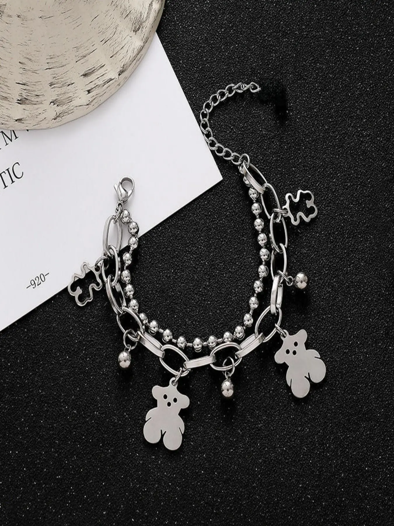 Women's Dark Alloy Bear Bracelet, Jewelry Bracelet, Creative Party Gift, Elegant Design, Perfect for Family & Friends, All-Season Accessory, Steel Bracelet