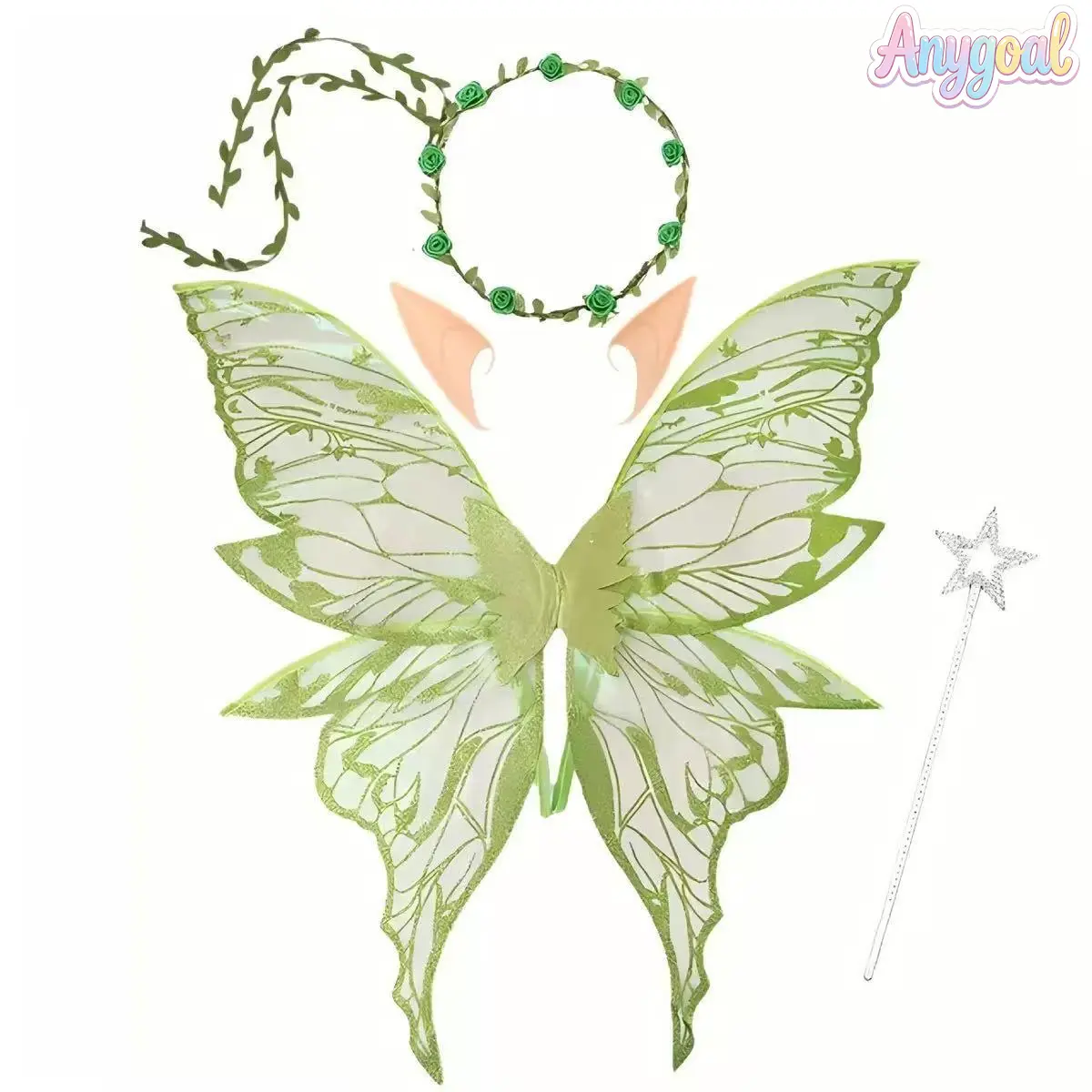 Anygoal Women's 4-Piece Fairy Costume Accessories Set with Shiny Rainbow Foil Wings, Headband, Elf Earrings & Wand for Cosplay Halloween