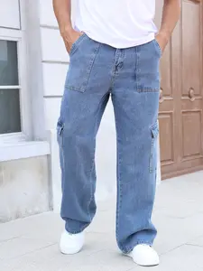 Men's Work Jeans, Denim, Multi-Pocket Tool Design, Mid-Waist, Outdoor Washable Straight Leg Pants, Loose Fit, Large Size Men's Clothing, Trouser