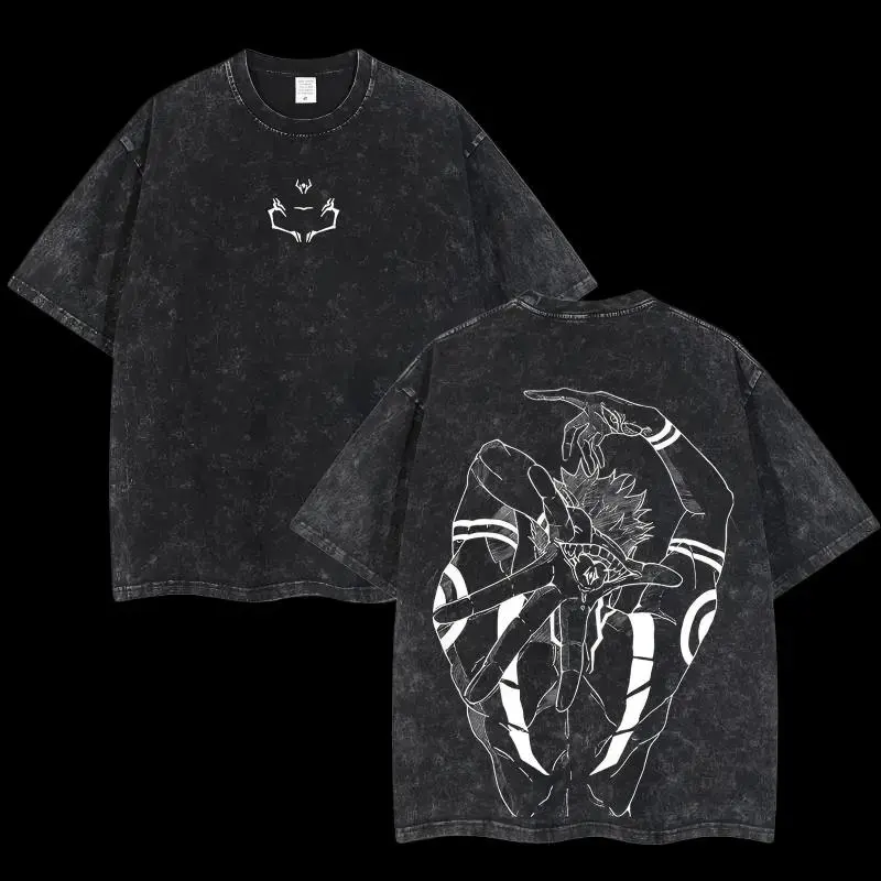 Men's Oversized Sukuna Graphic Shortsleeve T-Shirt, Heavyweight 230gsm Pre-Washed Cotton, Casual Retro Streetwear with a Round Neck, Premium Cotton, Menswear, Top, Tshirt