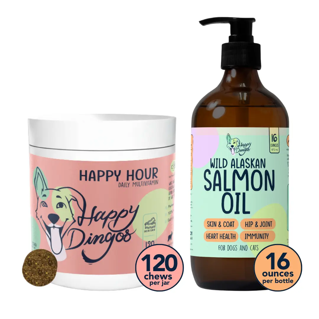 Happy Dingos Daily Duo – Multivitamin Chews + Salmon Oil Bundle for Everyday Dog Wellness, 2-Product Set