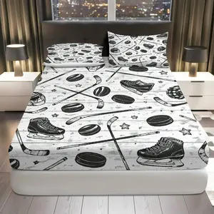 3Pcs Hockey Sports Vintage Fitted Sheet Three Piece Set (1*Fitted Sheet+2*Pillowcases, Coreless), Winter theme, Ice Rink Bedding Set, Mattress protector Soft, Breathable