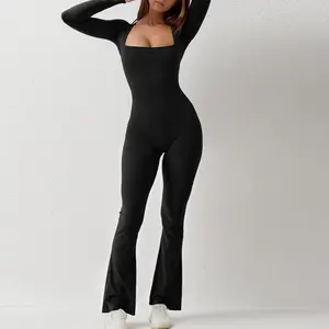 IFAST Women Yoga Jumpsuit Bodycon Fit Ribbed Exercise Long Sleeve Tops Bell Bottoms Flare Jumpsuits Casual Style Comfortable