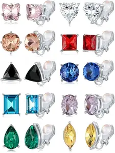 10 Pairs Women's Clip-On Earrings, Non-Pierced Multicolor Cubic Zirconia Studs, Geometric Shapes, Silver Color, Fashion Jewelry