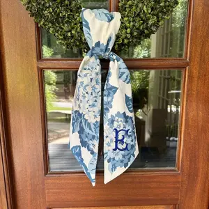 Embroidered Hydrangea Wreath Sash, Chinoiserie Floral, Monogrammed Door Hanger