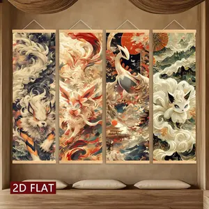 4 Counts Wooden Hanging Banner, Retro Ukiyo-e style Divine Beasts, Exquisitely Decorated, Perfect Living Room Decor, Modern Art Fashion Decoration, Office Poster, Room, Home Poster, Hallway Mural, HD, Waterproof, Artwork, Wall Decor Flags
