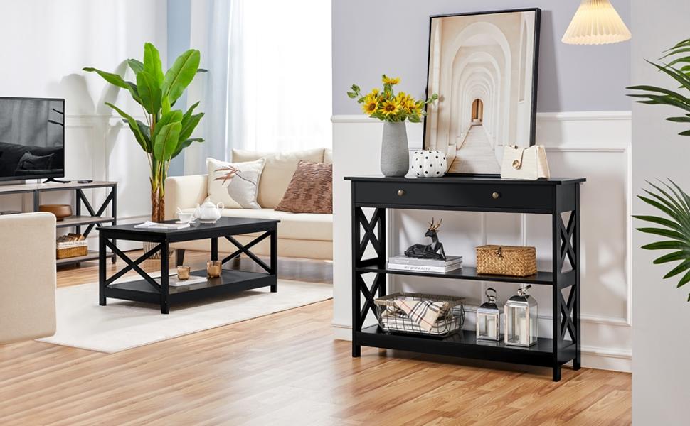 Yaheetech Wooden Console Table with 1 Drawer and 2 Open Shelves Versatile Entryway Table with Problem-free Setup Classic Modern Style Doorway Table