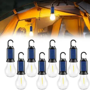 Solar Rechargeable Camping Tent Light, IPX4 Waterproof, Tungsten Filament Outdoor Emergency Light, Household Tungsten Filament Warm Light With Hook, Suitable For Outdoor Parties, Camping, Holiday Decorations, Anniversaries (2/4/6/8/10 Packs)