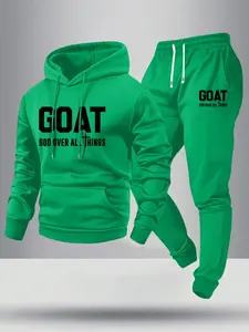 Spring/Autumn Lightweight Men's Goat God Rules All Letter Pattern Print Fun Jesus Christ-Themed Hoodie & Jogger Set, Stylish Casual Men's Pocket Street Sports Sweatpants with Elastic Waist & Drawstring, Two-Piece Long Trousers, Perfect Cool-Weather Gift f