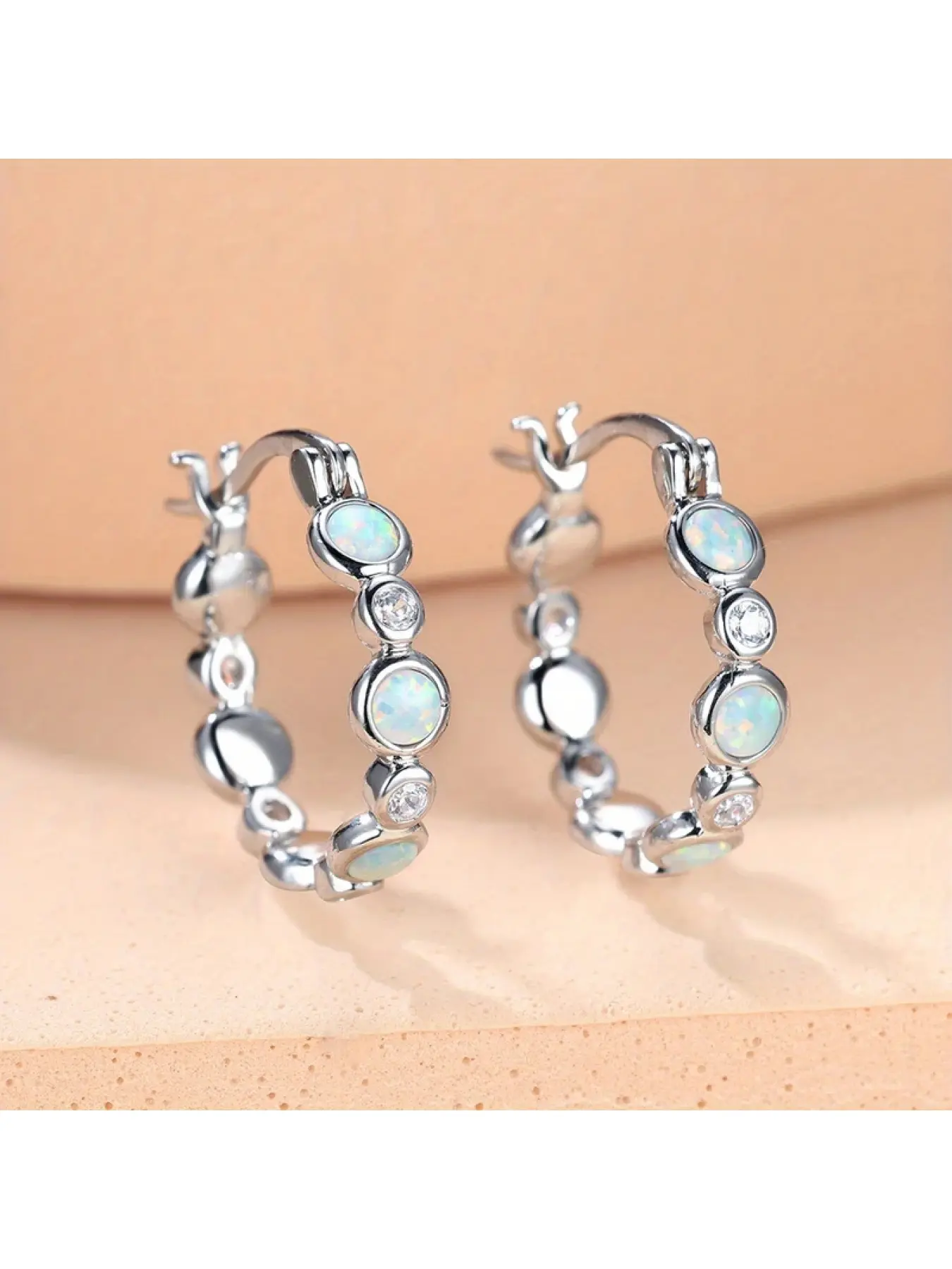 Sparkling Opal Hoop Earrings for Women, Silver Color Elegant Earrings with Zircon, Vintage Blue Floral Dangle Earrings for Gift, Boho Earrings, Earrings Hoops