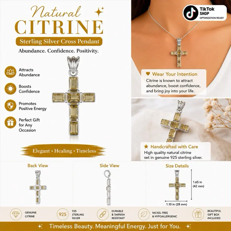 Natural Citrine Cross Pendant | Genuine Citrine Gemstone | 925 Sterling Silver