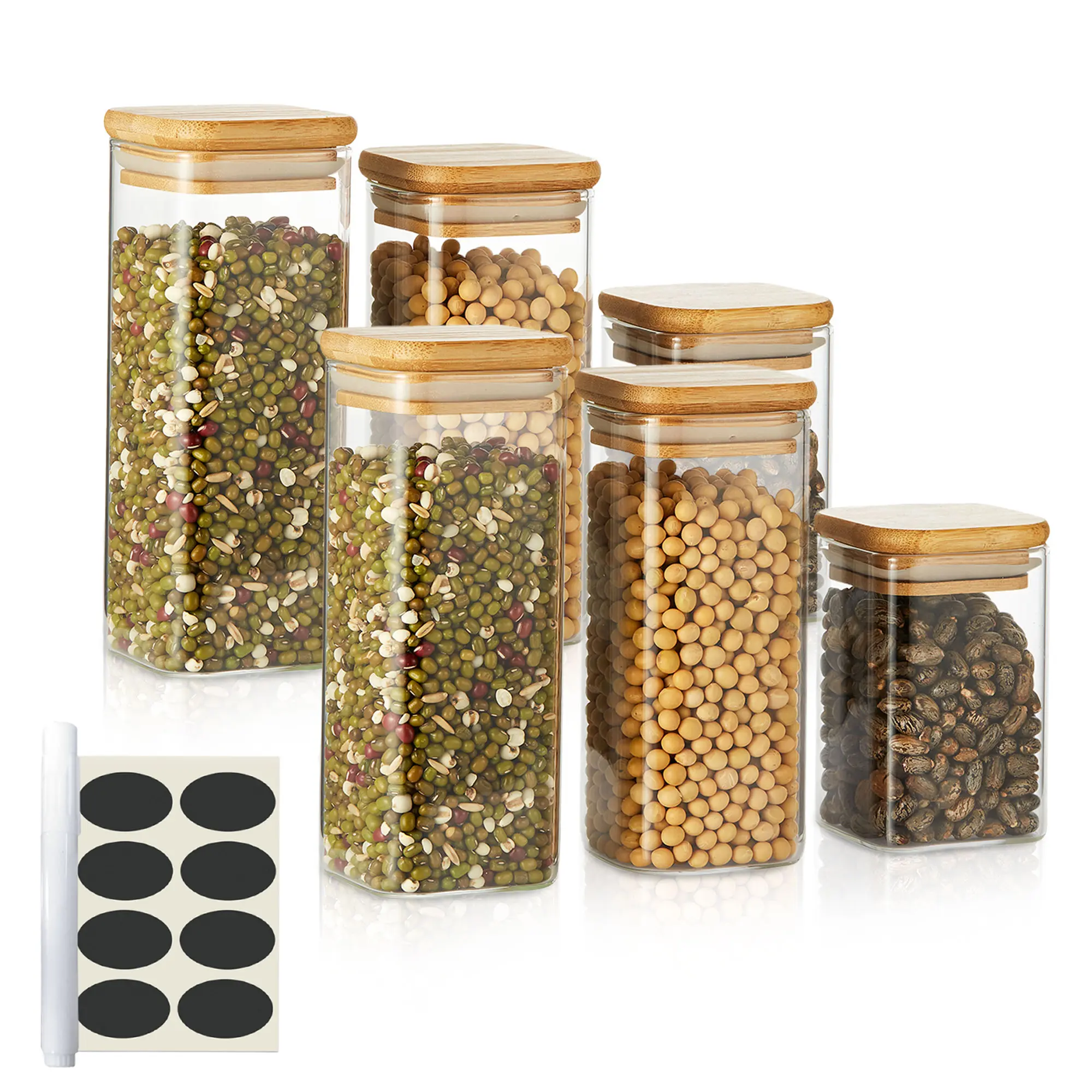 BERKWARE Set of 6 Food Storage Glass Jars with Bamboo Covers, Airtight Containers for Kitchen, Rustic Design