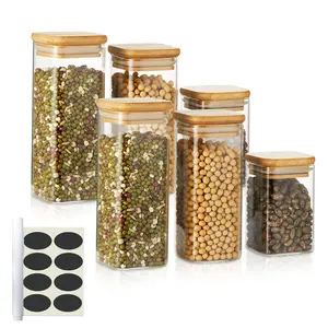 BERKWARE Set of 6 Food Storage Glass Jars with Bamboo Covers, Airtight Containers for Kitchen, Rustic Design