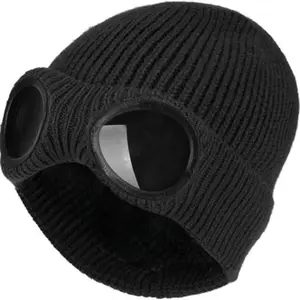 Unisex Knitted Texture Beanie Hat with Goggles, Windproof Warm Winter Skull Cap Style, Fashionable Unisex Accessory for Cold Weather