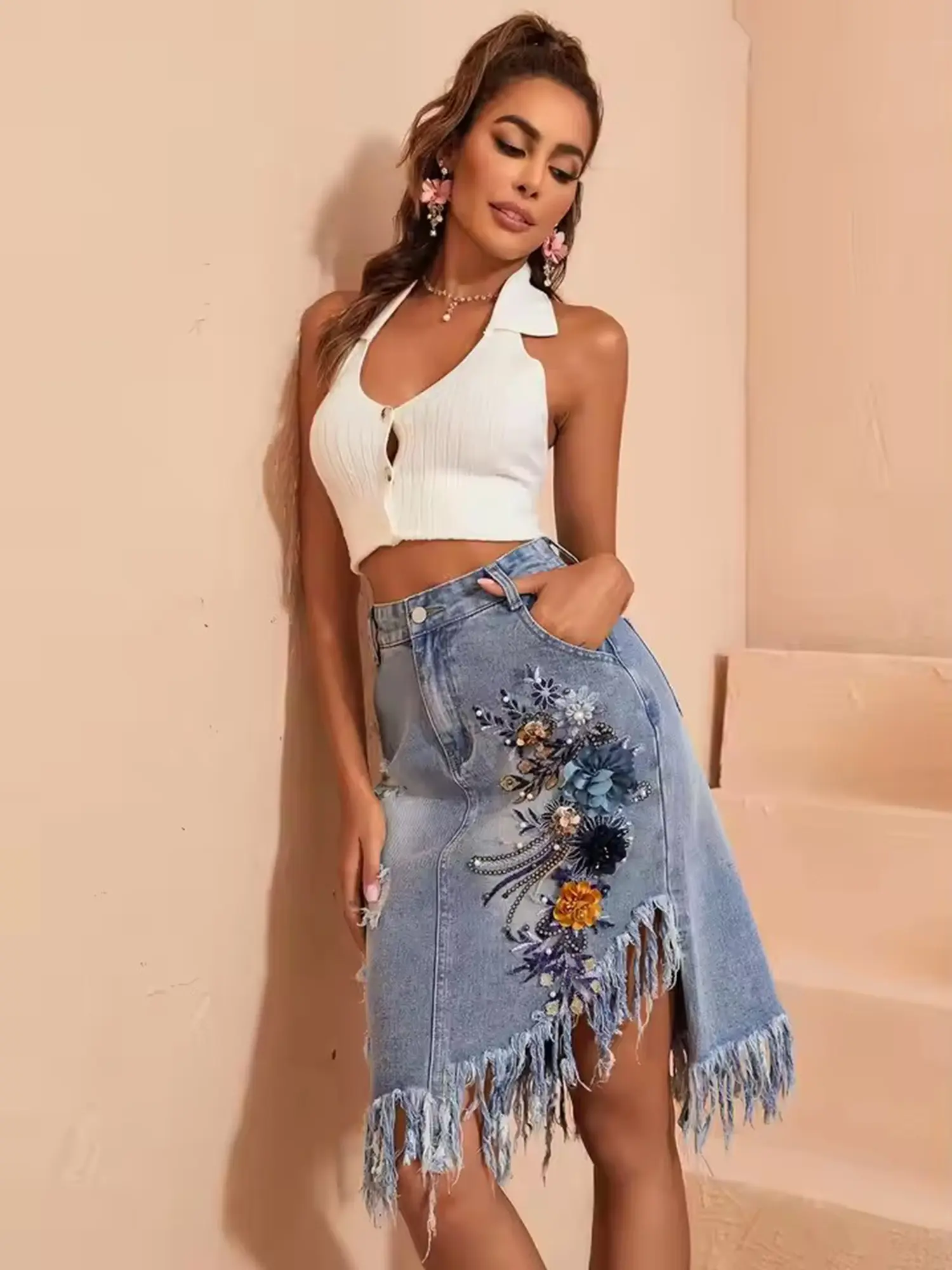 Women's Embroidered Ripped Denim Skirt, High Waist Embroidered