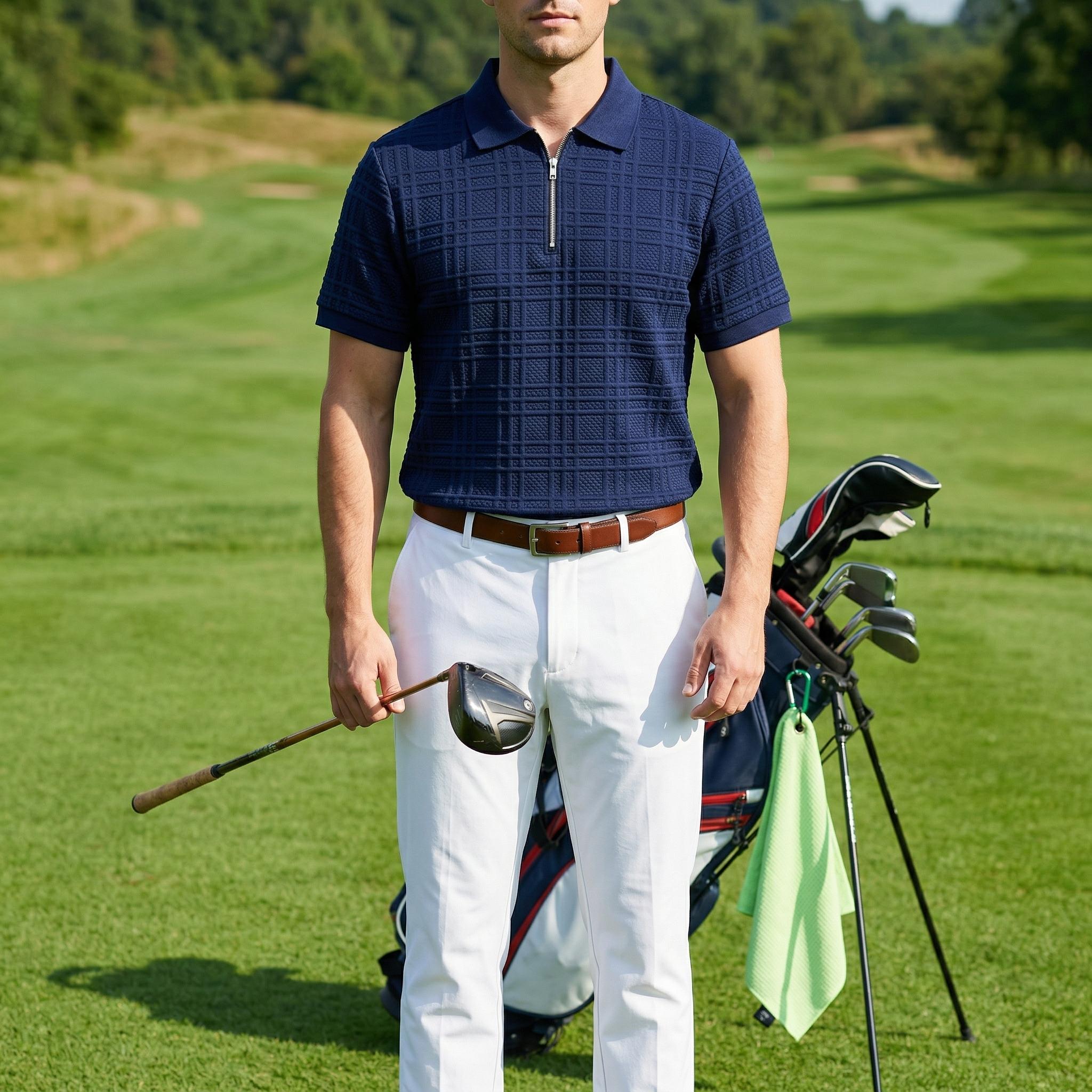 Mens Textured Half Zip Polo Shirt, Breathable Short Sleeve Golf Casual Tee for Men