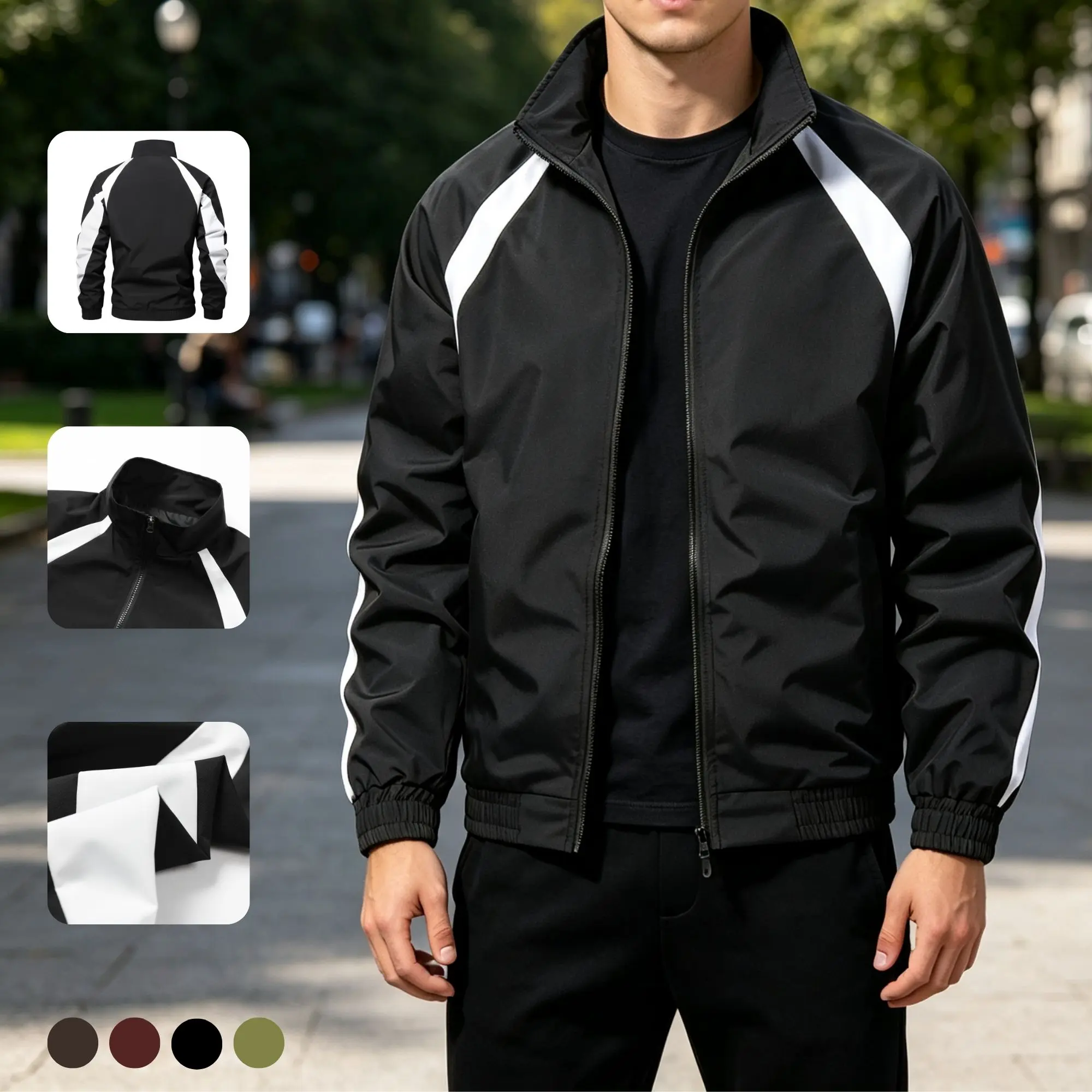 Men’s color-block jacket with white stripes, stand collar, and zipper — lightweight athletic casual track jacket