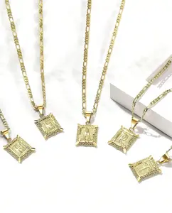 Initial Necklace Square Letter Pendant Necklace Capital Monogram Necklace Alhpabets from A-Z Figaro Chain Necklace