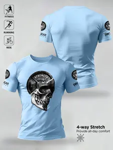 Men's Summer Top, Casual Short Sleeve Round Neck T-Shirt, Dumbbell Pattern, Vintage American Gym Wear, Comfortable Breathable Outdoor Fitness, Athletic Shirt, Breathable Sports Tee