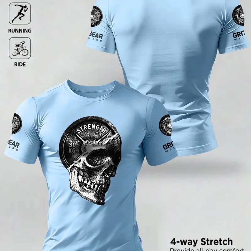 Men's Summer Top, Casual Short Sleeve Round Neck T-Shirt, Dumbbell Pattern, Vintage American Gym Wear, Comfortable Breathable Outdoor Fitness, Athletic Shirt, Breathable Sports Tee, Breathable Gym Shirts, Casual Sporty Top