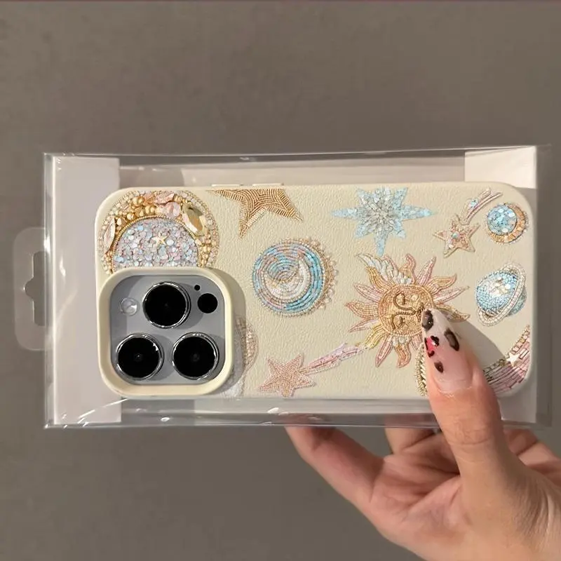 Phone Case - Light Golden Pink Blue Star Sun Planet Element TPU Lychee Texture Phone Case, Suitable for Iphone 17/16/15/14/13/12/11/7/8/Se/Plus/Pro Max/X/Xs/Xsmax/Xr/13/12Mini Series, Fashionable And Creative, Elegant Phone Case