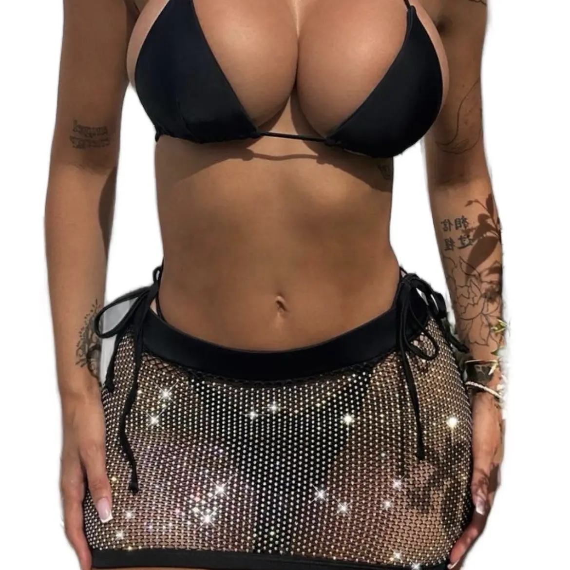 Women’s 3pc Black bikini with rhinestone cover up skirt.