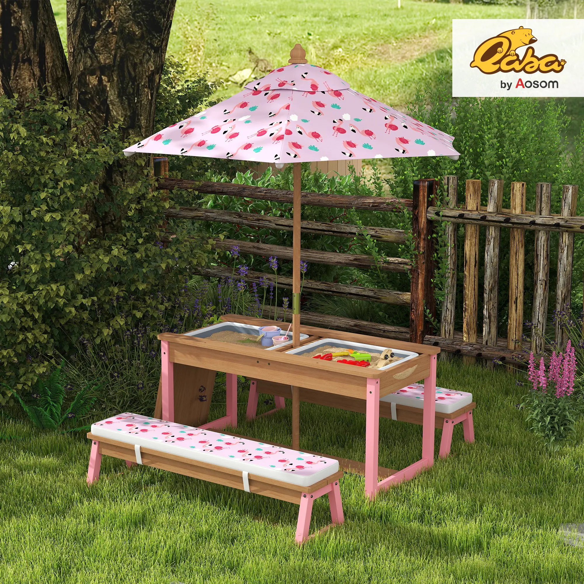 Qaba Kids Outdoor Patio Furniture Wood Rectangular Picnic Dining Table & Bench Set, with Removable Umbrella, Sand-Water Activity Set for Backyard, Gift for Boys Girls, Mixed Color