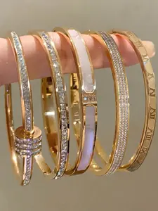 5-Piece Luxury Bracelet Set, Titanium Steel, Rhinestone, Mother-Of-Pearl, Roman Numerals, Open Cuff, Hypoallergenic, Fade-Resistant
