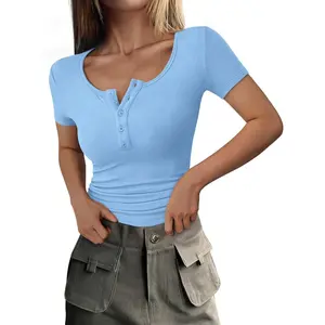 Womens 2026 Summer Short Sleeve Tops Ribbed Henley Button Slim Fit Basic Casual T Shirts Blouse Fashion ClothingGift