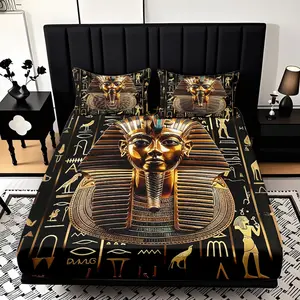 2/3 Pcs Ancient Egyptian Pharaoh Pattern Theme Fitted Sheet Set(1*Fitted Sheet+1/2*pillowcase,no Filling)Skin-friendly Soft Digital Printed Bedding Set,suitable For New Year,festival Gifts For Family.suitable For All Year Round,machine Washable.