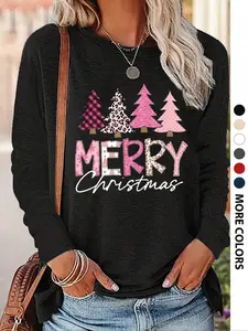 Women's Christmas Tree Letter Print Round Neck Long Sleeve Top, Casual Fitted Shirt, Soft Fabric, All Seasons Wear, Lady, Womenswear