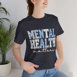 Mental Health Matters Shirt, Crochet Patchwork Floral Tee, Gingham Mental Health Shirt, Positive Message T-Shirt TDP