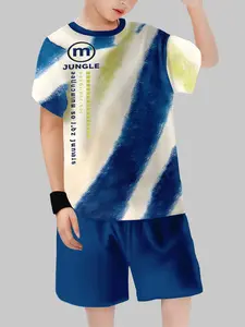 Boys' Cool Printed Short Sleeve Set Youth Fit Summer Jungle Print Casual Gym Shorts Two-Piece Summer Clothing