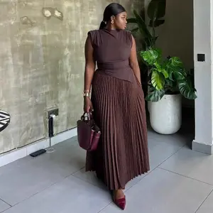 Women's Sleeveless Mock Neck Pleated Maxi Dress