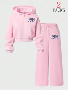 Women's Zipper Hoodie Set, Slim Fit Comfortable Casual Sportswear, Cartoon Bow Pattern, Fall & Winter Fashion, Street Style