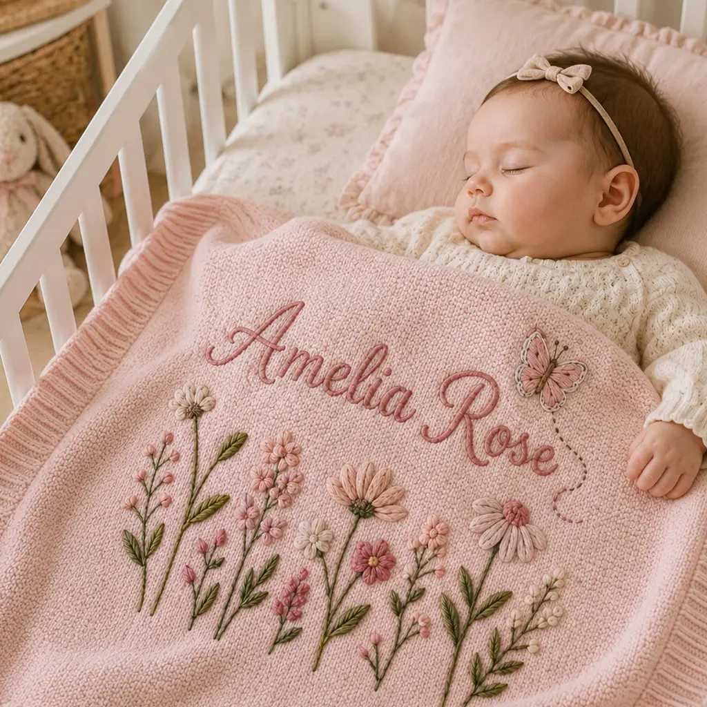 [Made-to-Order] Personalized Wildflower Embroidered Baby Blanket, Custom Name Butterfly Knit Blanket, Floral Nursery Keepsake, Baby Girl Shower Gift