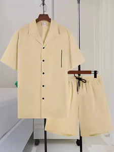 Men's Beige Minimalist, Casual Loungewear 2-Piece Set, Pajama Set - Short-Sleeve Lapel Button-Down Shirt + Elastic Drawstring Waist Shorts, Lightweight Breathable Fabric, Relaxed Fit, Ideal for Lazy Weekend Lounging