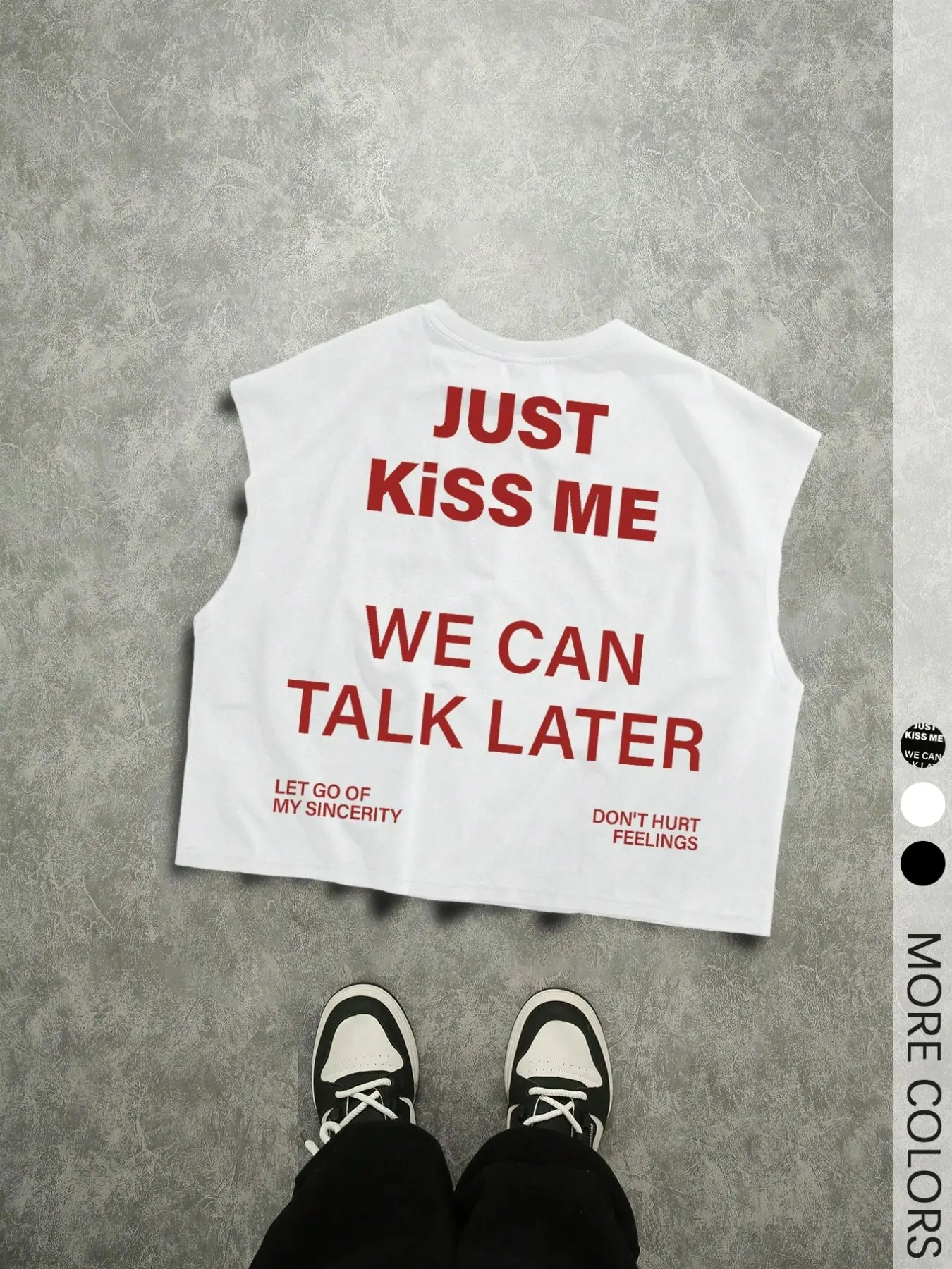 1 Piece Unisex Y2K Sleeveless Asymmetrical Graphic Top, "Kiss Me & Talk Later" Full Text Print, Vintage Streetwear Style For Young Men And Women At Concerts And Casual Outings