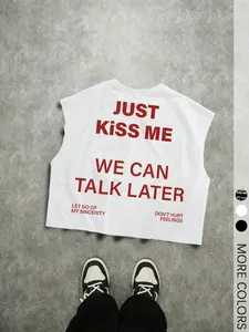 1 Piece Unisex Y2K Sleeveless Asymmetrical Graphic Top, "Kiss Me & Talk Later" Full Text Print, Vintage Streetwear Style For Young Men And Women At Concerts And Casual Outings