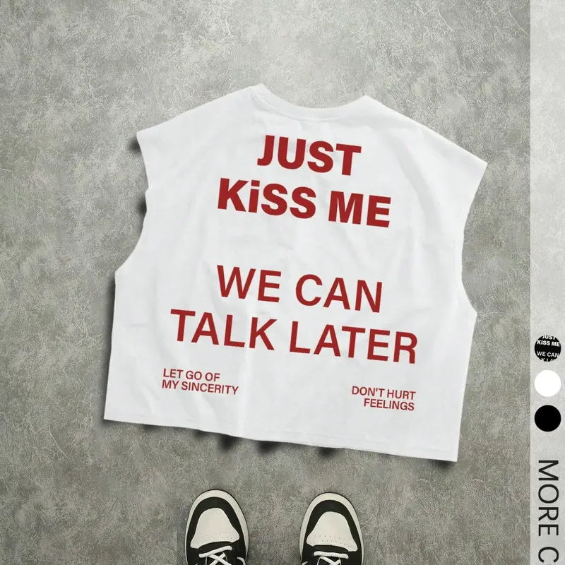 1 Piece Unisex Y2K Sleeveless Graphic Top, Sleeveless Tank Top, "Kiss Me & Talk Later" Full Text Print, Vintage Streetwear Style For Young Men And Women At Concerts And Casual Outings