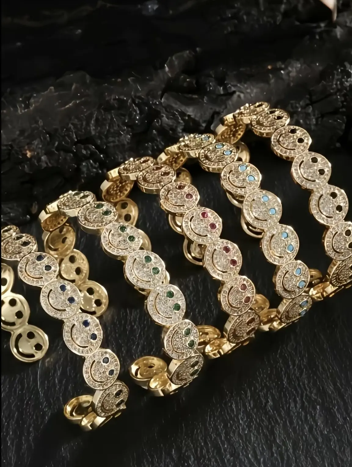 Unisex Iced Out Micro Paved Zircon Smiley Face Hollow Tennis Bracelet - Vintage Cutout Copper Link Bangle, 2-Tone Gold & Silver Hip Hop Stackable Costume Jewelry for Party, Daily Wear
