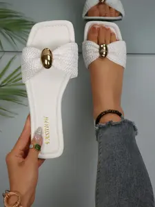 Women's Woven Bow Metal Buckle Sandals, Summer Open Toe Slip-On Slides, Casual Flip Flops, Beach Vacation Versatile Shoes, Casual PU Leather