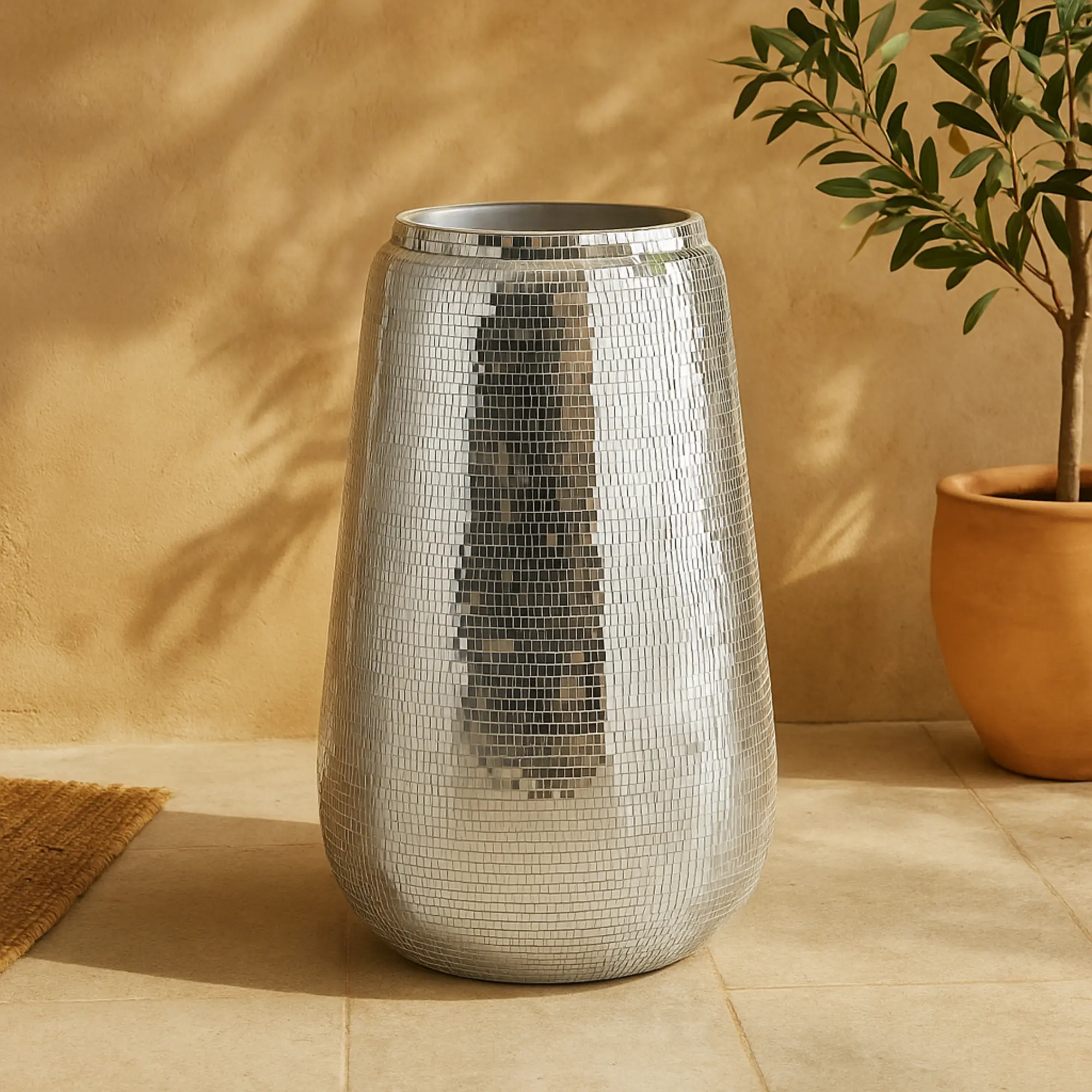 Silver Fiberglass Mosaic Round Vase, Blue Interior, Felt-Accented Home Decor Centerpiece for Table, Ideal Gift for Floor Display
