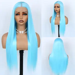 Aodbar 13x4 HD Transparent Lace Wig Lake Blue 28 Inch Long Straight Pre Plucked Natural Hairline Glueless Synthetic Heat Resistant Fiber for Cosplay Party Halloween
