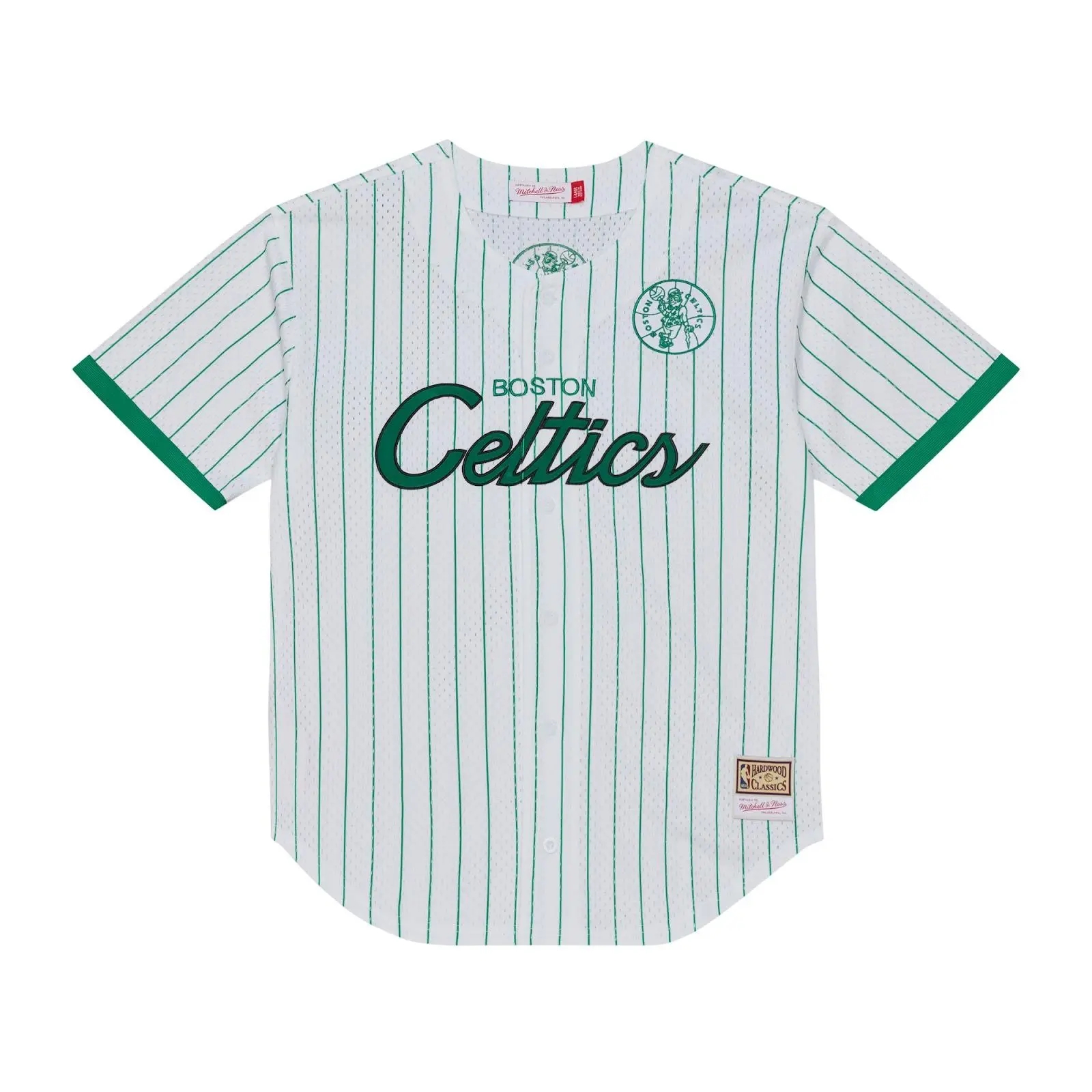 Boston Celtics White Head Coach Pinstripe Mesh Full-Button Baseball Jersey NBA Throwback Basketball Hardwood Classics Fan Gear Mitchell & Ness