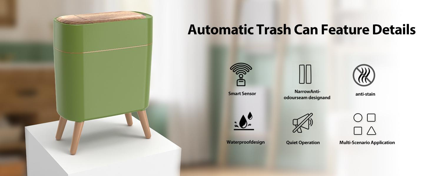 Pukomc Motion Sensor Trash Can with Lid Touchless Waterproof Garbage Bins for Kitchen Bathroom Bedroom Living Room Office Outdoor Black Automatic Dustbin with Wave Stripes and Pop-up Lid