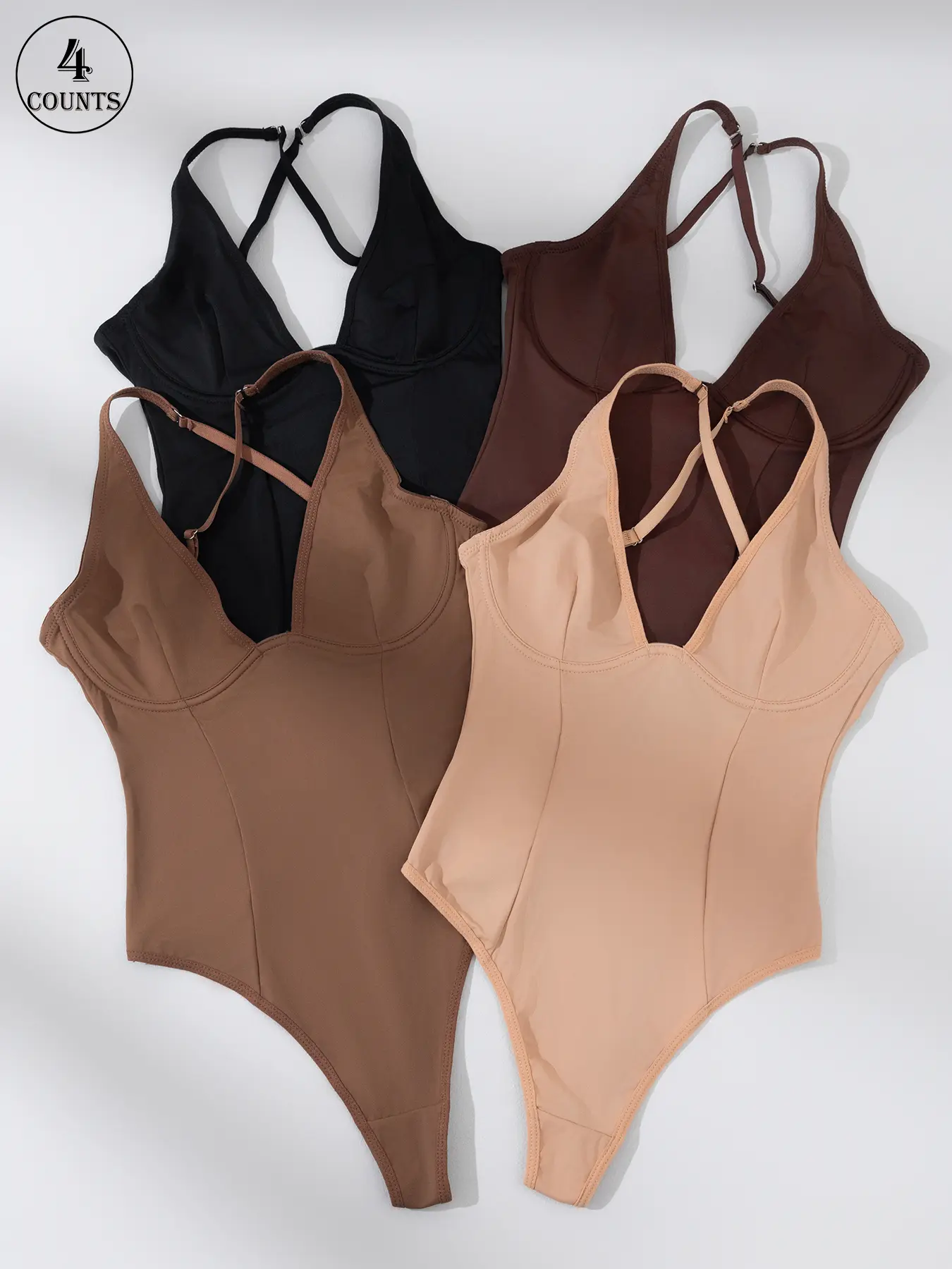 4 piece set cross-back high compression shapewear bodysuit, Tummy control shaper, with tummy control and butt-lifting design, underwire with adjustable straps, non-padded and push-up style, high-elasticity shapewear for women