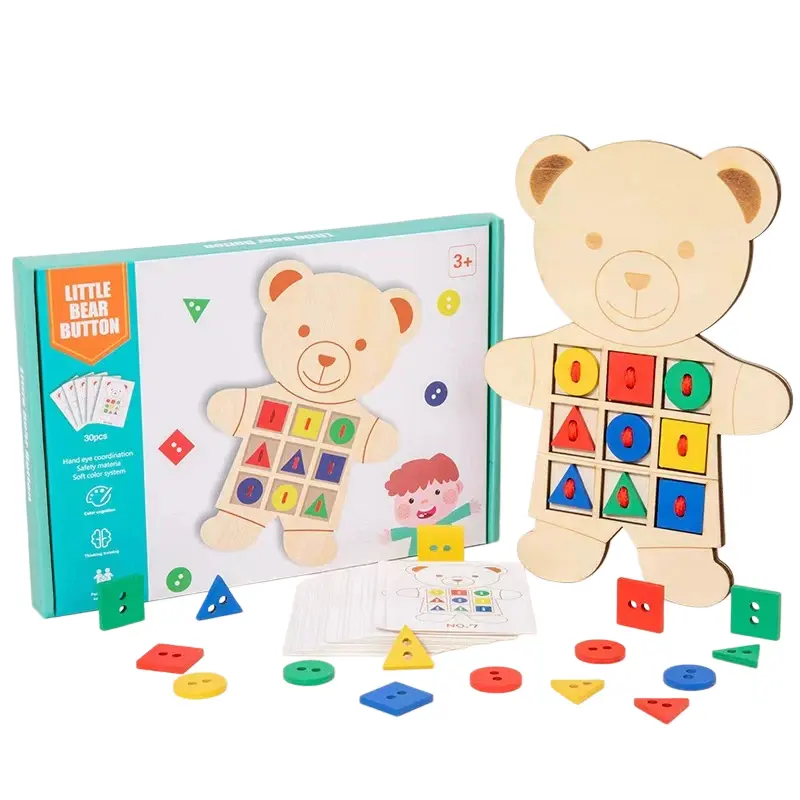 Wooden bear threading game, includes strings and buttons, an educational toy for children, suitable as a Children's Day gift, helps improve focus and color recognition kids learning materials