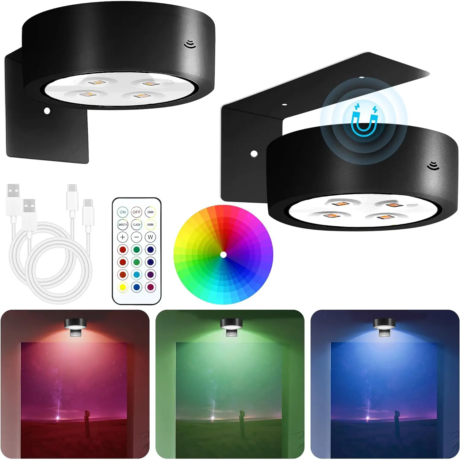 Rechargeable Battery Picture Light, 13 RGB Color Changing Led Art Display Light for Picture Frame, Magnetic Painting Light with Remote Control, Wireless Party Home Wall Decor Puck Light, Pack of 2 wallsconces wall lamp rgb  lamp battery  operated